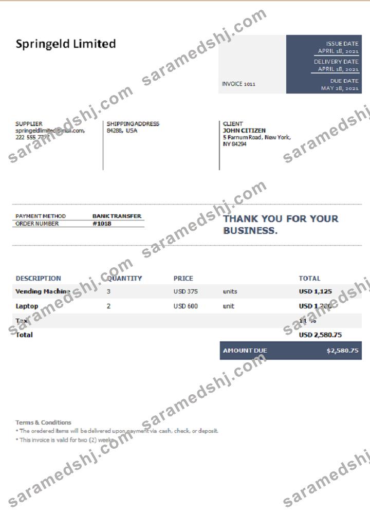 USA Springeld Limited invoice